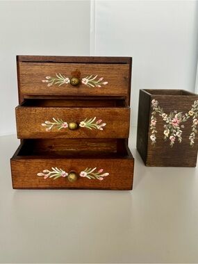 Wooden Hand Painted Flower Storage 3-Drawer and Pen/Pencil Hand Painted Cup